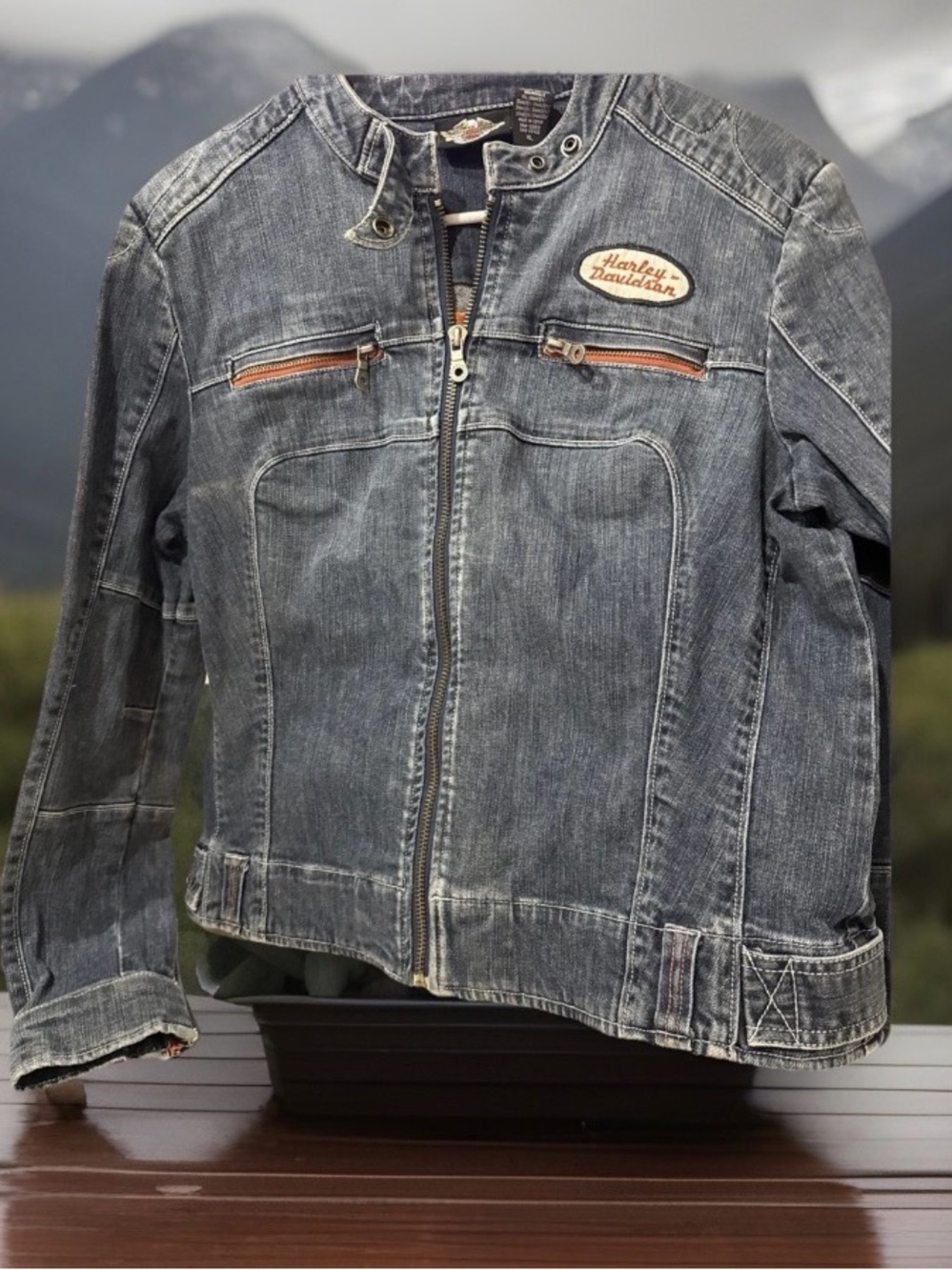 Harley-Davidson Blue Denim Jacket with Orange Accents XL unisex zippers